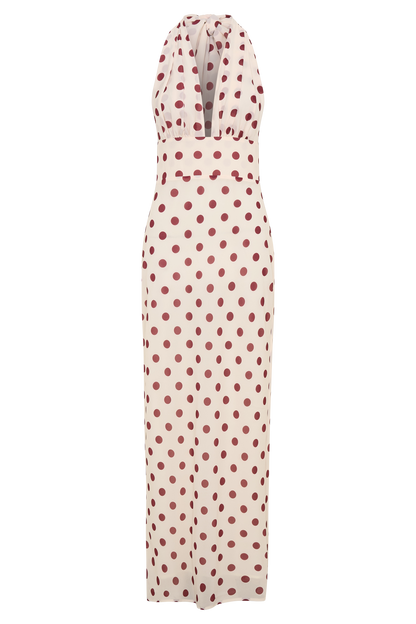 Nadine Halter Chiffon Maxi Dress - Ivory/Merlot Polka Dot