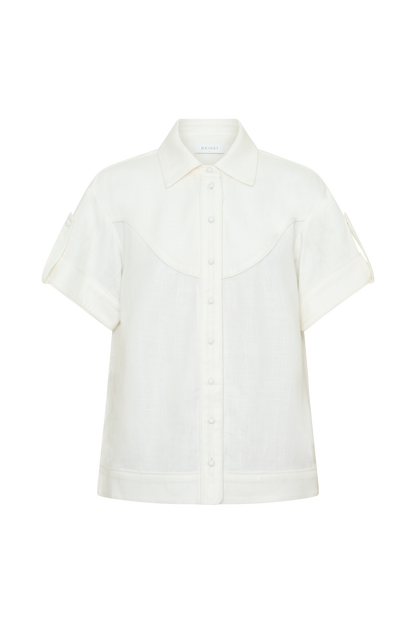 Selena Linen Short Sleeve Shirt - White