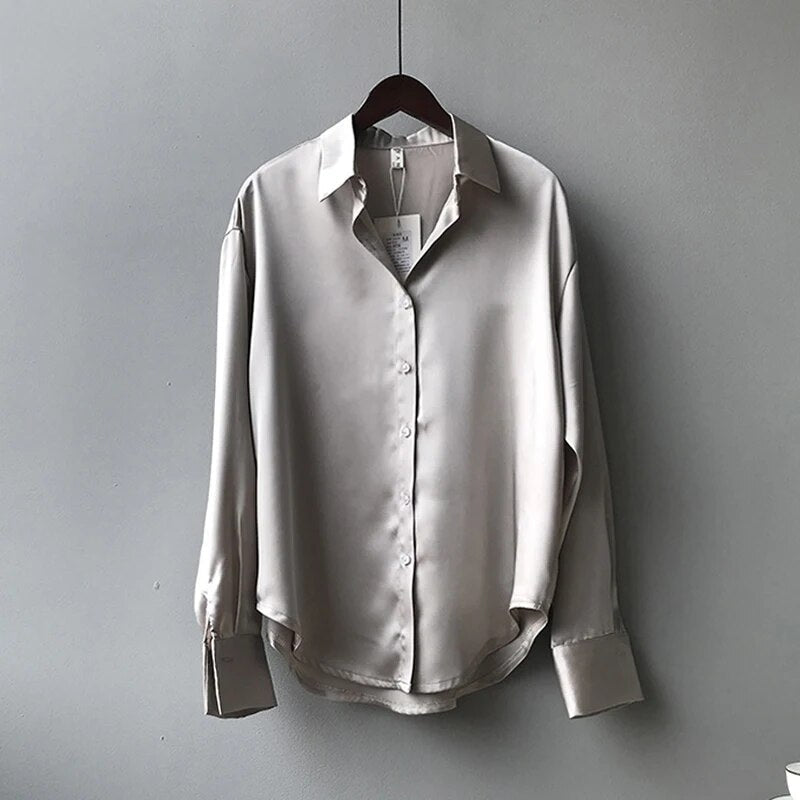 Women's Elegant Long Sleeve Satin Button Up Blouse | Ideal for Spring/Summer