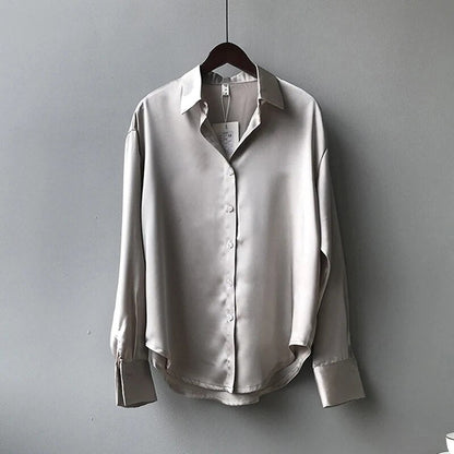 Women's Elegant Long Sleeve Satin Button Up Blouse | Ideal for Spring/Summer