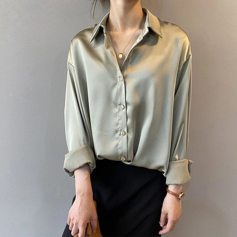 Women's Elegant Long Sleeve Satin Button Up Blouse | Ideal for Spring/Summer
