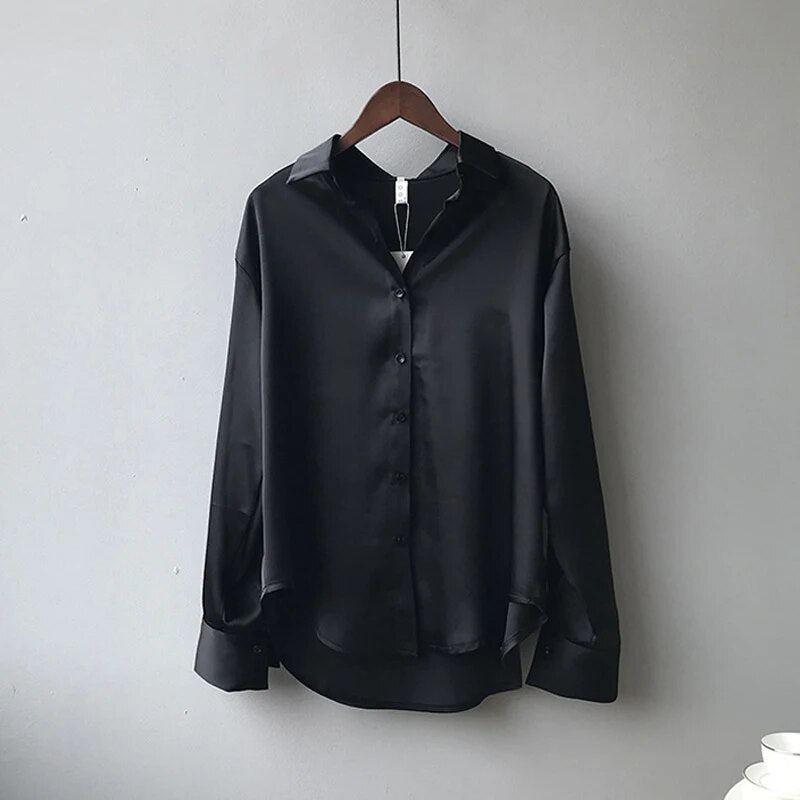 Women's Elegant Long Sleeve Satin Button Up Blouse | Ideal for Spring/Summer