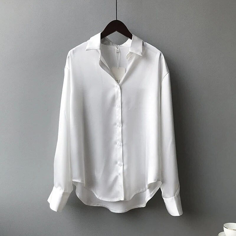 Women's Elegant Long Sleeve Satin Button Up Blouse | Ideal for Spring/Summer