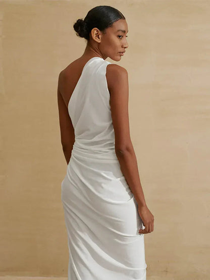 Hollow One Shoulder White Midi Dress