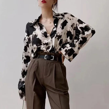 Women's Chic Black Stained Style Long Sleeve Blouse | Ideal for Spring/Summer