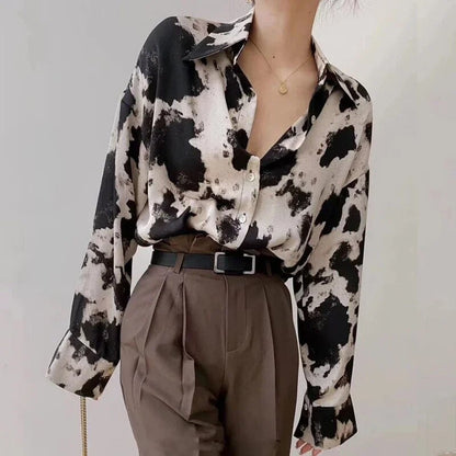 Women's Chic Black Stained Style Long Sleeve Blouse | Ideal for Spring/Summer
