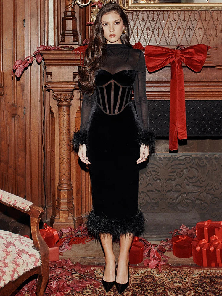 Elegant Feather Sexy Midi Dress For Women Black Fashion Sheer Long Sleeve Backless Bodycon Club Party Long Dress