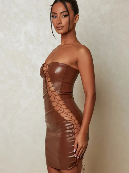 DressBetty - 2024 PU Leather Strapless Sleeveless Mini Dress Cut Out Dresses