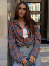 Women's Casual Oversized Plaid Blouse with Clasp Buttons | Great for Casual Days
