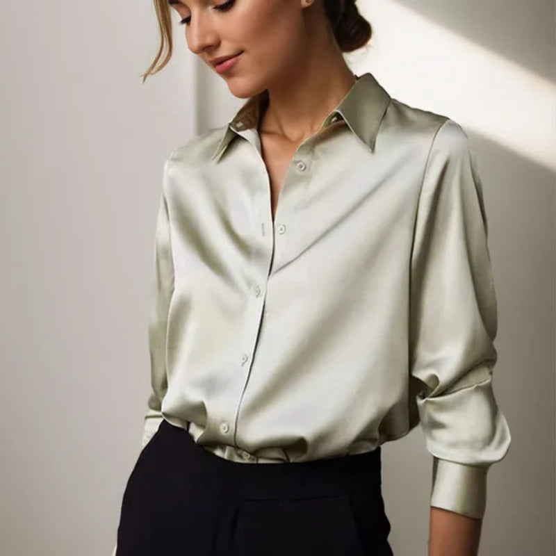 Women's Elegant Satin Long Sleeve Blouse with Collar | Ideal for Spring/Summer