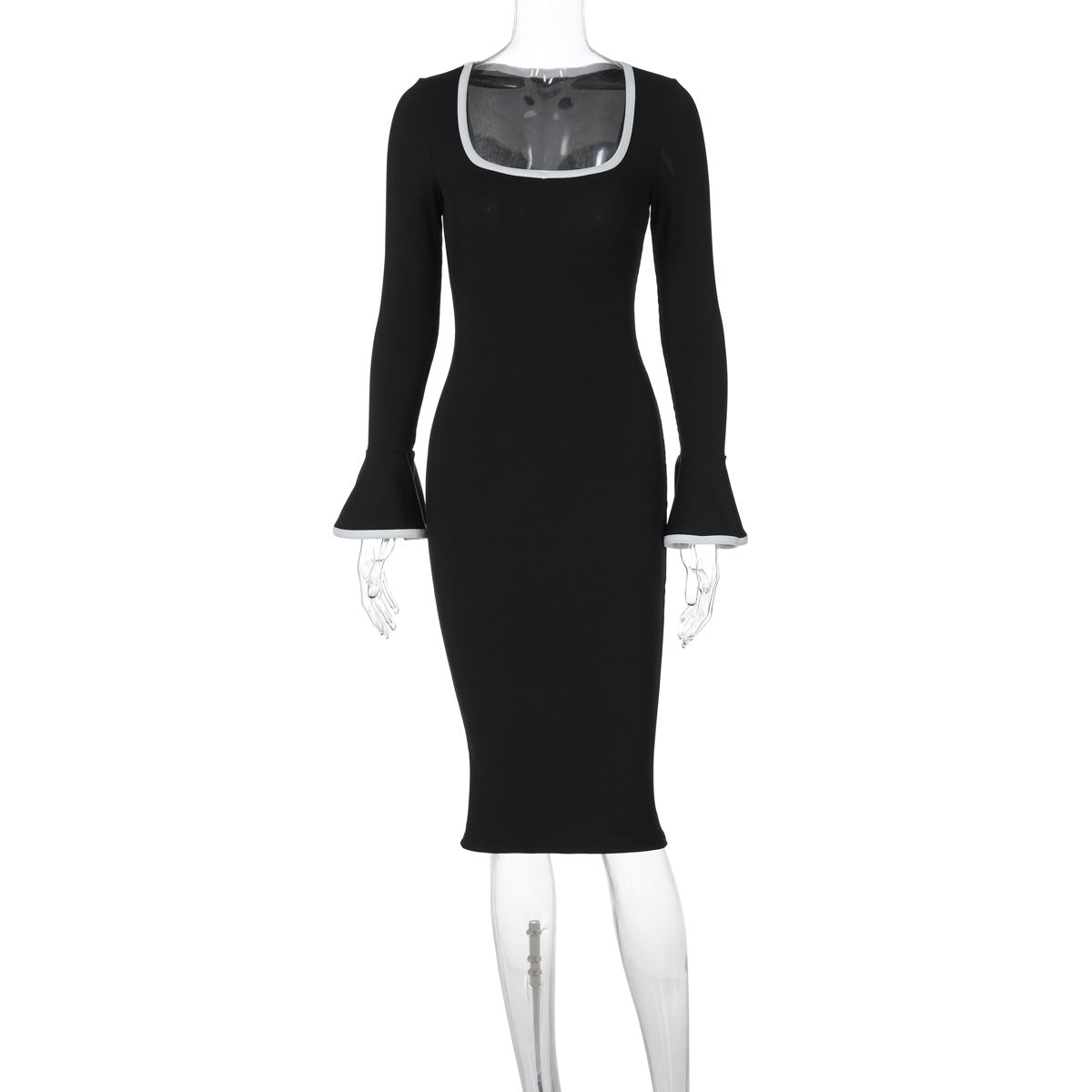 Women Clothing Winter Square Collar Contrast Color Knitted Midi Dress Bell Sleeve Sheath Dress Women