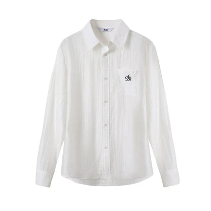 Classic White Long Sleeve Button-Down Shirt: Crisp Cotton Collared Blouse with Embroidered Logo