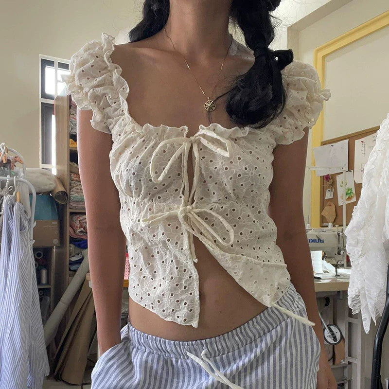 Mora Eyelet Tie-Front Blouse