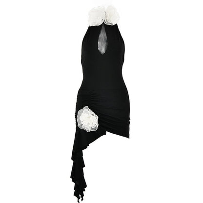 Halter ruched flower applique ruffle mini dress  | Festival Outfits Women