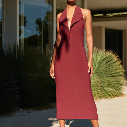 Sexy Women Clothing Sexy Backless V neck Midi Dress Skinny Sheath Split Halter Dress