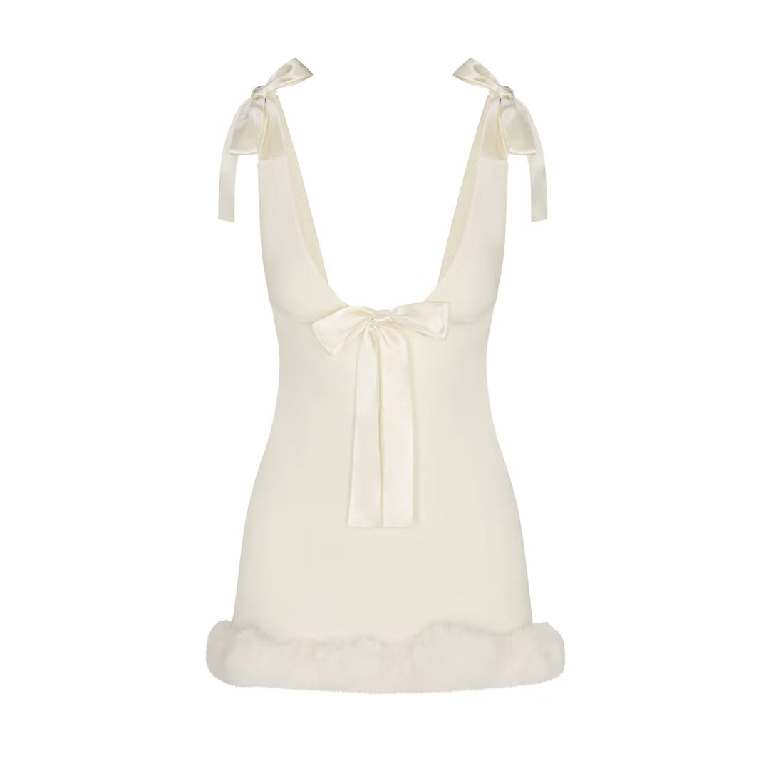 Satin Bow Strap Fur Trim Mini Dress