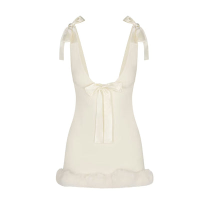 Satin Bow Strap Fur Trim Mini Dress