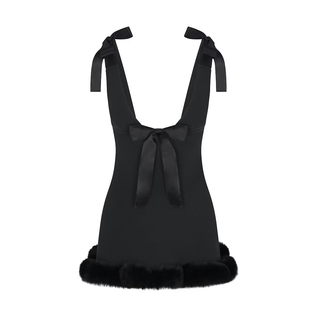 Satin Bow Strap Fur Trim Mini Dress
