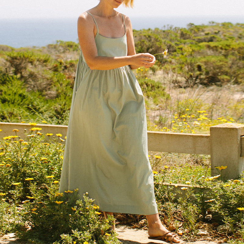 Summer Pure Cotton Sling Dress French Design Large Pocket Loose Slim Fit Adjustable Shoulder Strap Midi Dress for Women