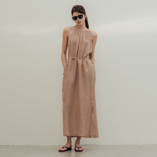 Breathable Halter Dress Twill Copper Ammonia Silk Lace up Design Loose Slimming Split Midi Dress