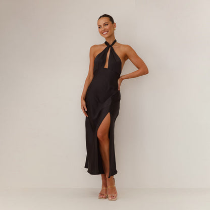 Women Clothing Sexy Solid Color Split Midi Dress Halter Backless Maxi Dress Women