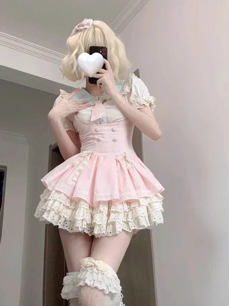 Voguable Lolita Kawaii 2 Piece Sets Cute Slim Blouse Blouse + Sweet Lace Sleeveless Y2k Mini Dress Japanese Style Suit