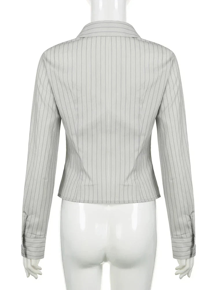 Voguable Striped Blouses Office Ladies Y2K Aesthetic Vintage Buttons Up Lapel Collar Shirts Korean Casual Tops