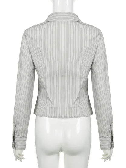 Voguable Striped Blouses Office Ladies Y2K Aesthetic Vintage Buttons Up Lapel Collar Shirts Korean Casual Tops