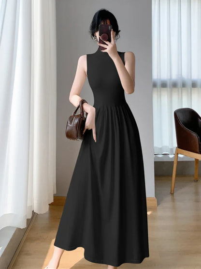 Spring Summer New Casual Elegant Sleeveless Knitted Midi Dress Slim Elegant Ladies Robe