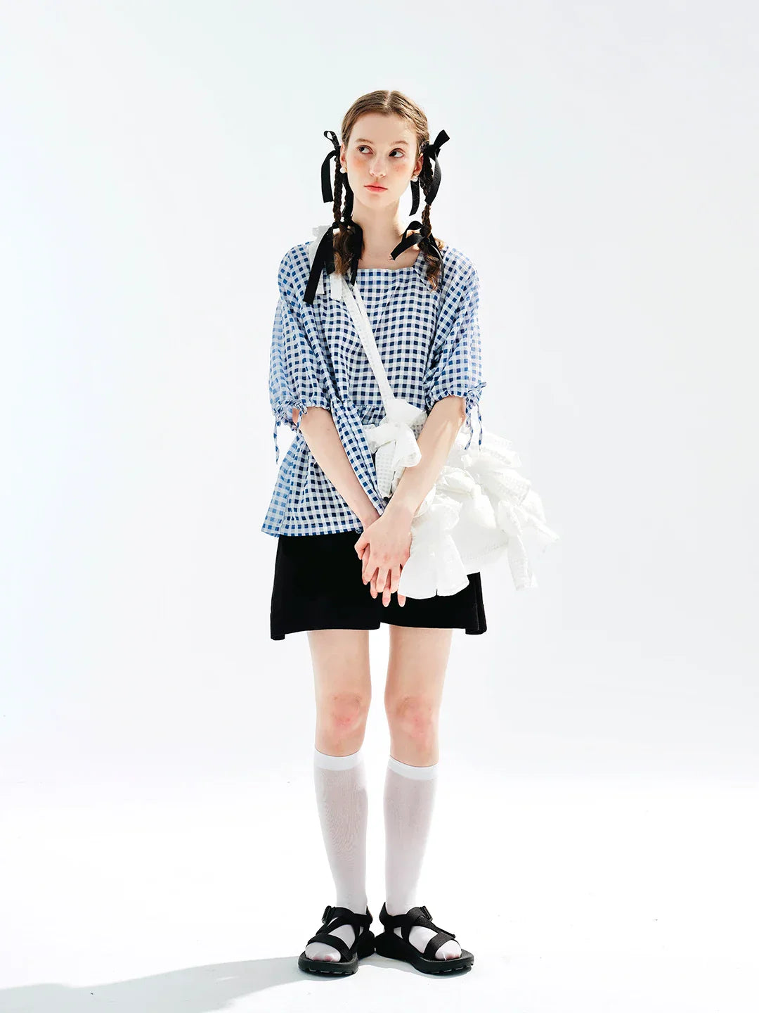 Plaid Lace-up Short Sleeve T-shirt Blouse