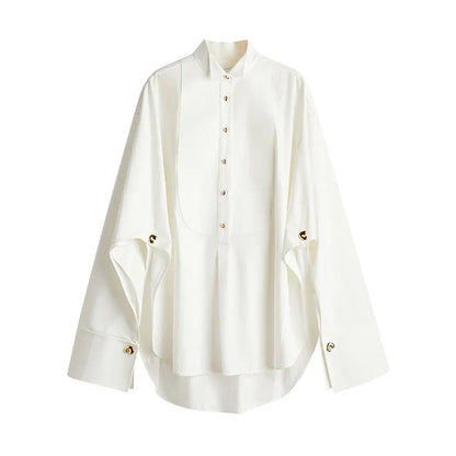 Elegant Irregular Women's Blouse Women Lapel Single Breasted Long Sleeve Shirt Lady Casual 2025 Spring New France Style Shirts