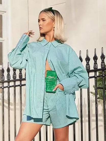Drawstring Short Pants Sets 2024 New Summer Long Sleeve Pocket Irregular Blouse+Shorts Outfits Streetwear Casual Two-piece Set