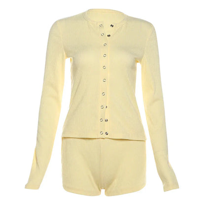 Leisure Stretch 2-Piece Set Women Single-Breasted Long Sleeves o-Neck Blouse+Basis Shorts Simple Classic Street Suits