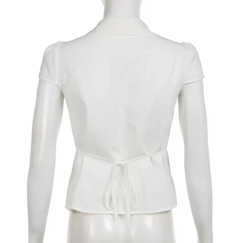 Vintage Folds Crop Top White Button Up Short Sleeve Blouse Bandage Korean T-shirt Casual Streetwear y2k Tee