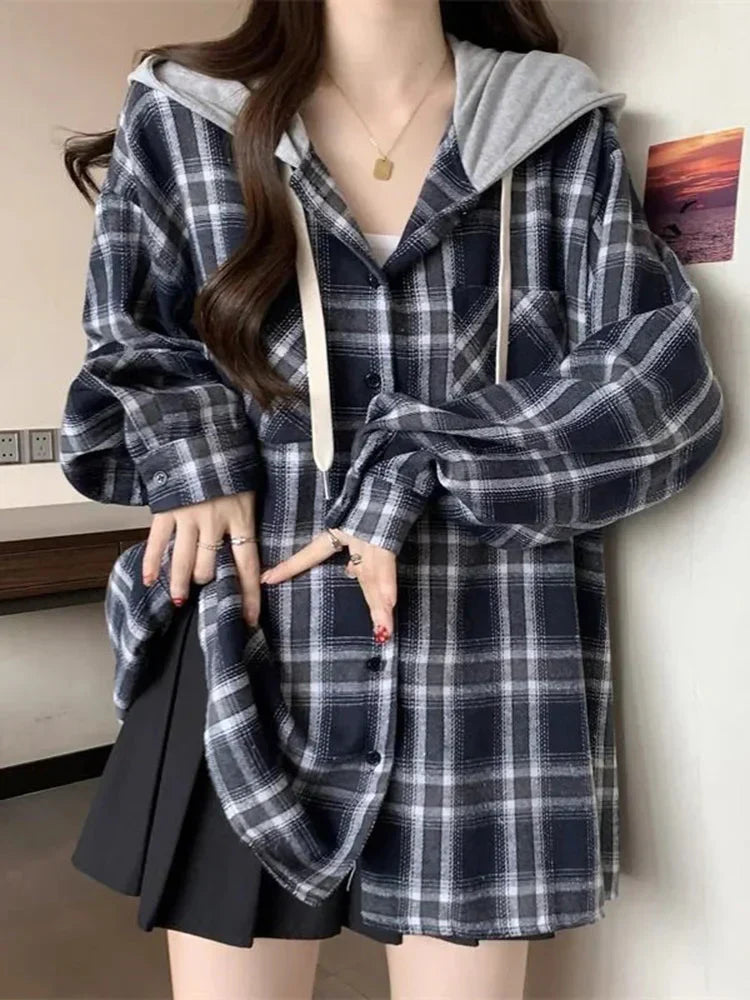 Vintage Plaid Hooded Shirt Oversize Long Sleeve Y2K Blouse American Casual Harajuku FeVintage Tops New