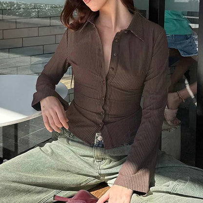 Vintage Brown Striped Blouse Women Fashion High Street Fitted Tee Shirt 2000s Casual Button Top Ladies Fall Outfits