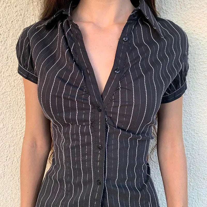 Voguable  Chic Elegant Striped Blouse French Style Button-up Turn-down Collar Shirt Vintage Streetwear Y2K Tops