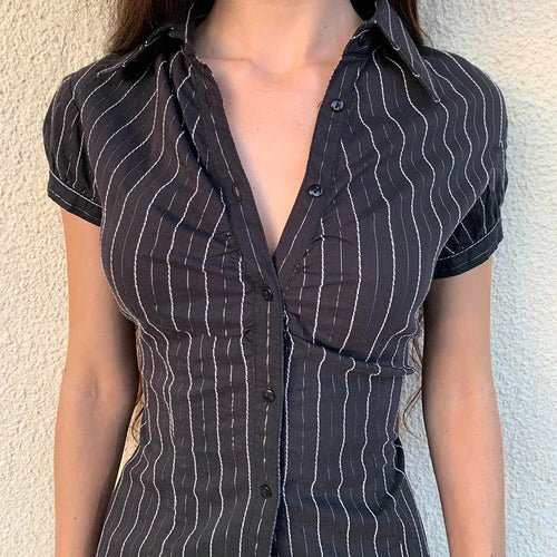 Voguable  Chic Elegant Striped Blouse French Style Button-up Turn-down Collar Shirt Vintage Streetwear Y2K Tops