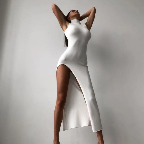 new y2k Europe and the United States cross-border fashion round neck sleeveless slim-fit slit MIDI dress women