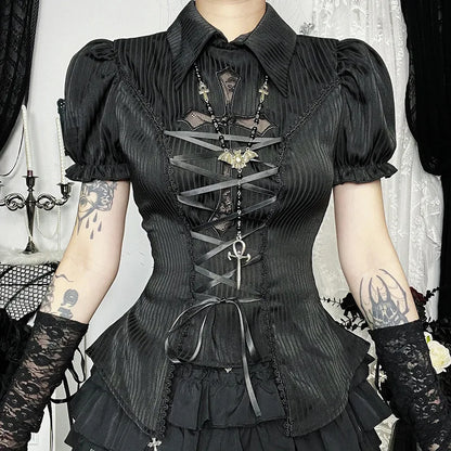 Bandage Corset Puff Sleeve Blouse