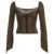 Hotsweet Lace Trim V-Neck Brown Long Sleeve Blouses Bow Lace Up Flared Sleeve Slim Chic Y2k Autumn New T-Shirt