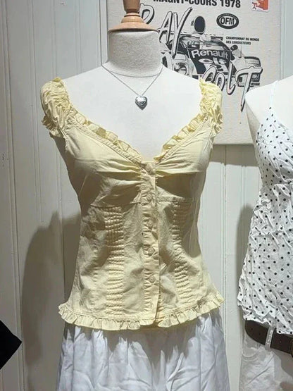 Ruffles White Basic Blouse Top for Woman Folds Single Breasted Sleeveless Tank Tops Casual Cotton Vest Y2k Sweet Camisole
