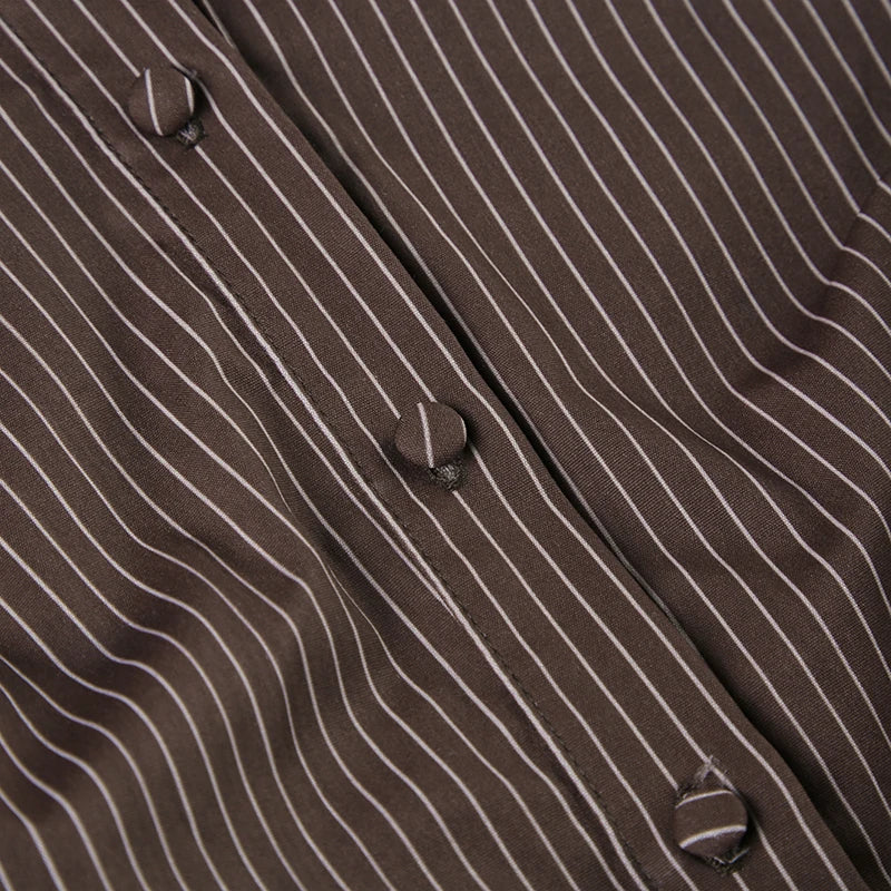 Vintage Brown Striped Blouse Women Fashion High Street Fitted Tee Shirt 2000s Casual Button Top Ladies Fall Outfits