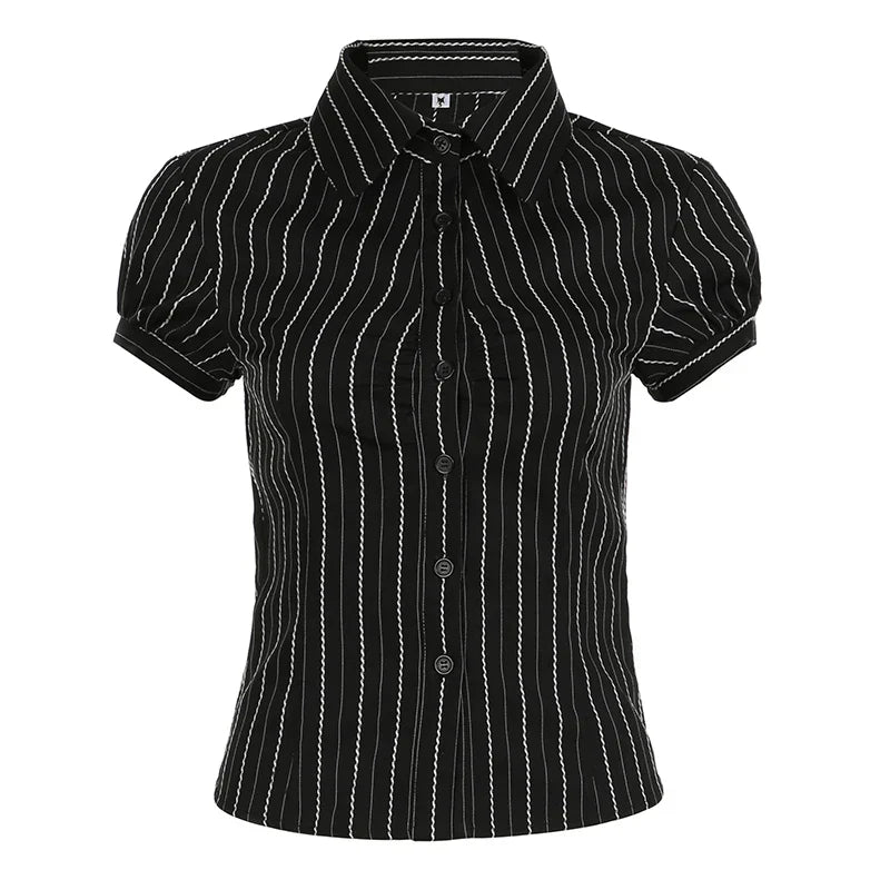 Voguable  Chic Elegant Striped Blouse French Style Button-up Turn-down Collar Shirt Vintage Streetwear Y2K Tops