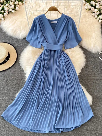 Women Elegant Pleated Dress Summer Short Sleeve V-neck Vintage Dresses Ladies A Line High Waisted Midi Dress