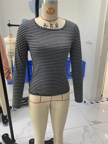 Harajuku Striped Long Sleeve T-Shirts Crew Neck Slim Blouse Y2K Grunge Goth Tops Tee Dark Academia Clothing Streetwear