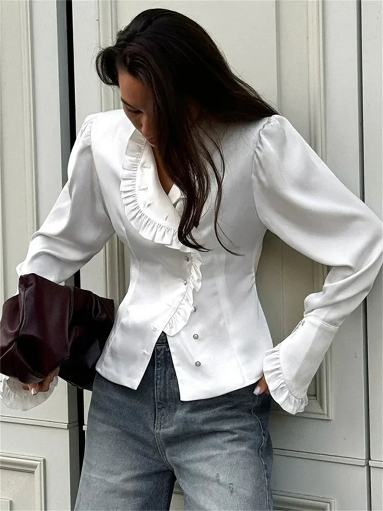 TAIVIMART  -  White Ruffled Vintage Shirts For Women Patchwork V-Neck Long Sleeve Autumn Elegant Streetwear Female Cardigan Blouses