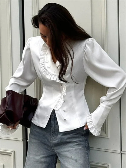 TAIVIMART  -  White Ruffled Vintage Shirts For Women Patchwork V-Neck Long Sleeve Autumn Elegant Streetwear Female Cardigan Blouses