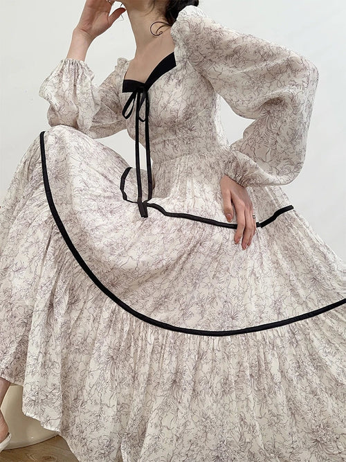 Elegant Floral Printed Midi Dresses for Women Lantern Sleeves Square Collar A-line Birthday Party Dress Autumn New Prom Robe