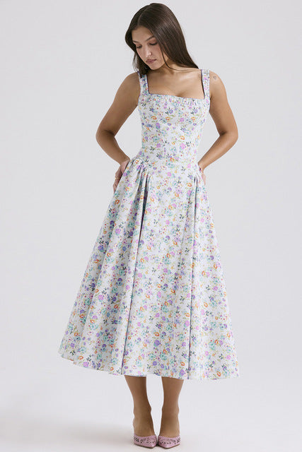 Flower Print Spaghetti Strap Dresses Women Fashion Sexy Backless Low Cut Folds Vacation Style Slim Midi Dress Female Vestidos